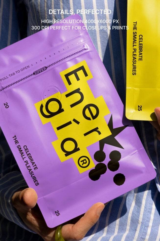 Colorful packaging mockup showcasing vibrant purple and yellow design; ideal for branding or product presentation. High-resolution for print quality.
