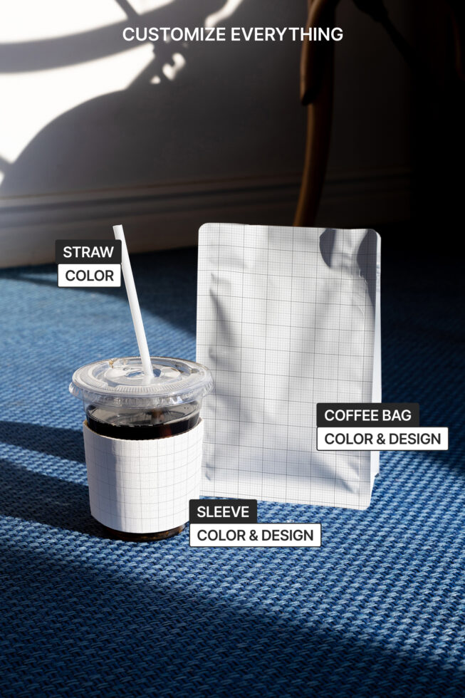 Coffee packaging mockup on blue carpet with customizable straw, sleeve, coffee bag. Ideal for graphic design, branding, templates, digital assets.