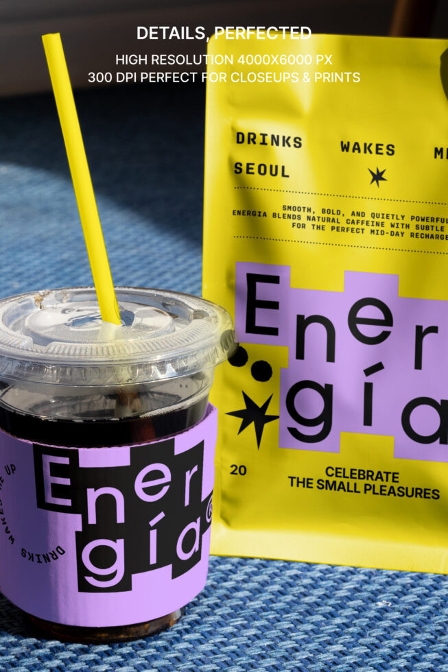 Energetic drink packaging design with yellow and purple color scheme cup and straw graphic asset for mockups high resolution for designers SEO friendly