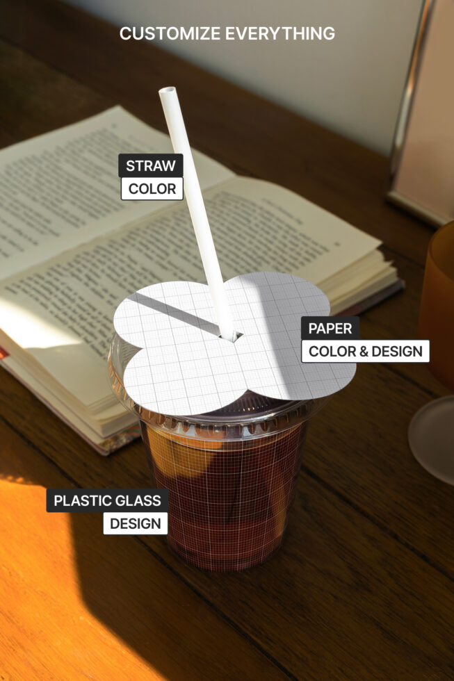 Customizable plastic cup mockup featuring editable straw color, paper lid design, and cup graphics. Perfect for designers seeking unique branding templates.