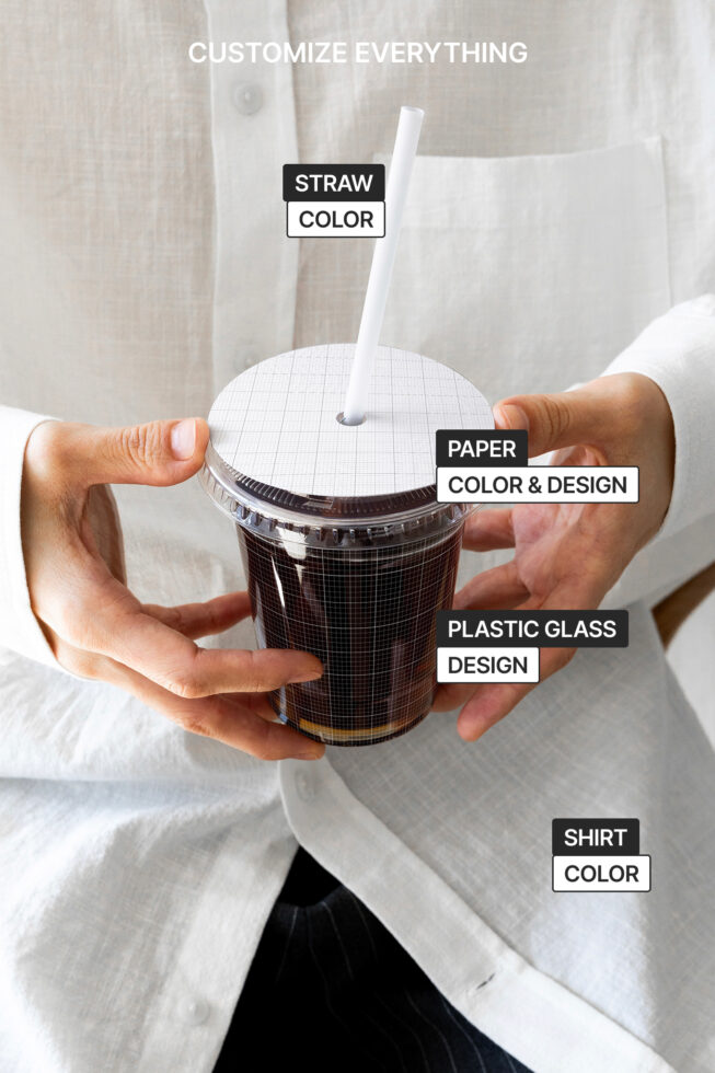 Person holding customizable beverage cup with straw and lid design options; perfect for branding mockups and product packaging templates.