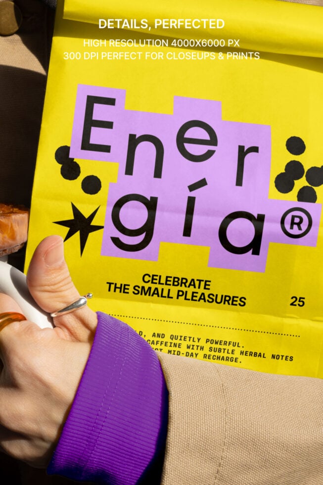 Energetic design featuring a vibrant purple and yellow packaging with bold typography. Ideal for mockups and branding projects. High resolution asset.