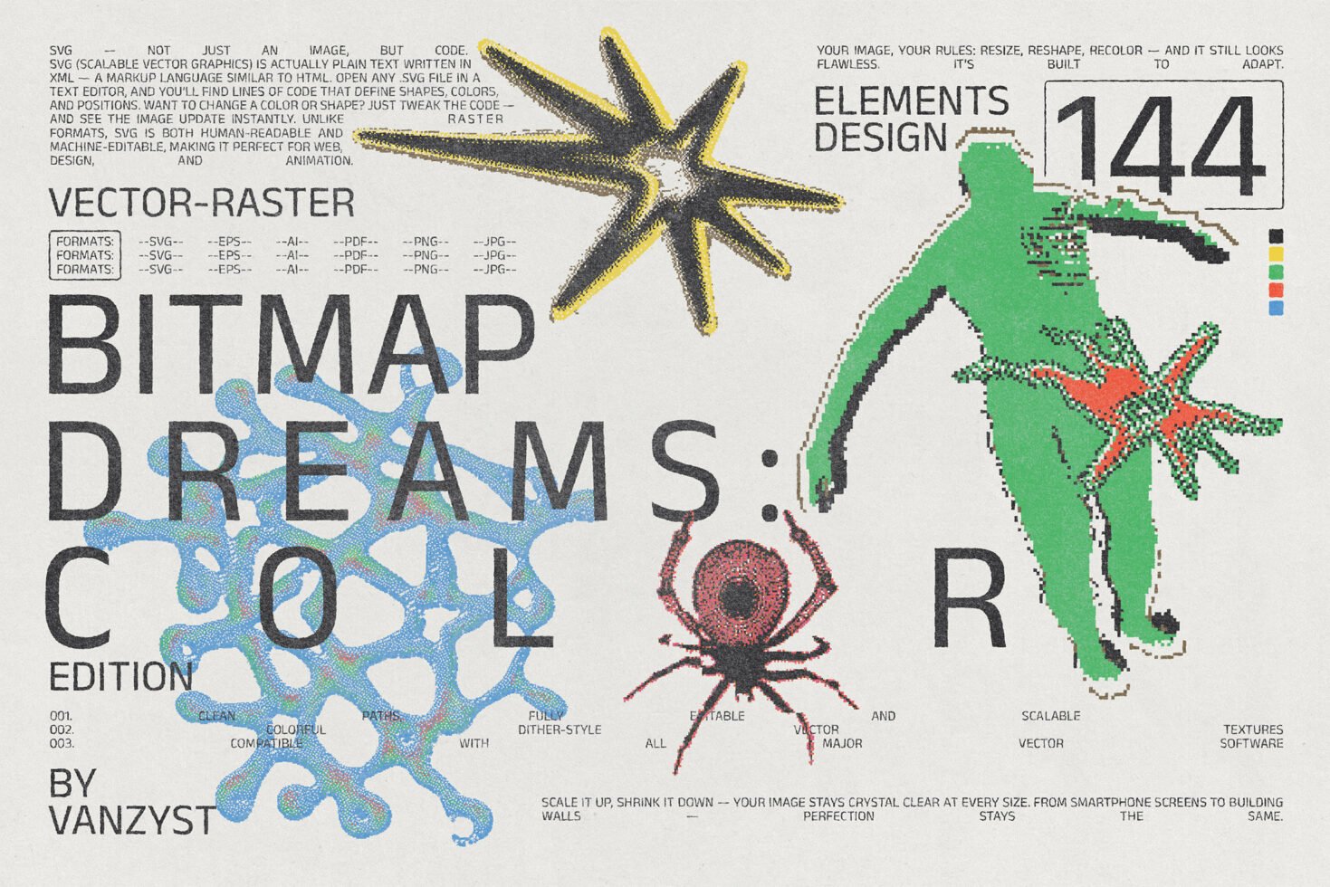 Colorful vector-raster design with abstract shapes, star, and spider elements. Perfect for creating digital graphics, modern templates, SVG mockups.