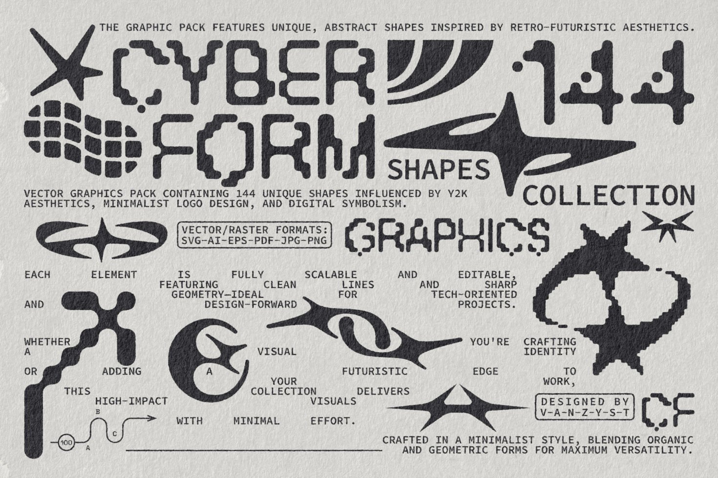 Cyberform graphic pack with 144 unique abstract shapes inspired by Y2K design. Includes vector formats for modern digital projects. Ideal for designers.