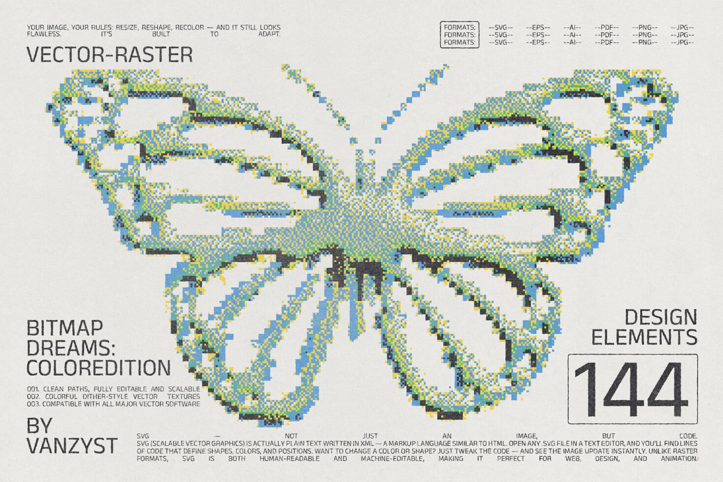 Colorful pixelated butterfly vector template showcasing editable and scalable design elements for graphic design projects. Ideal for digital designers.