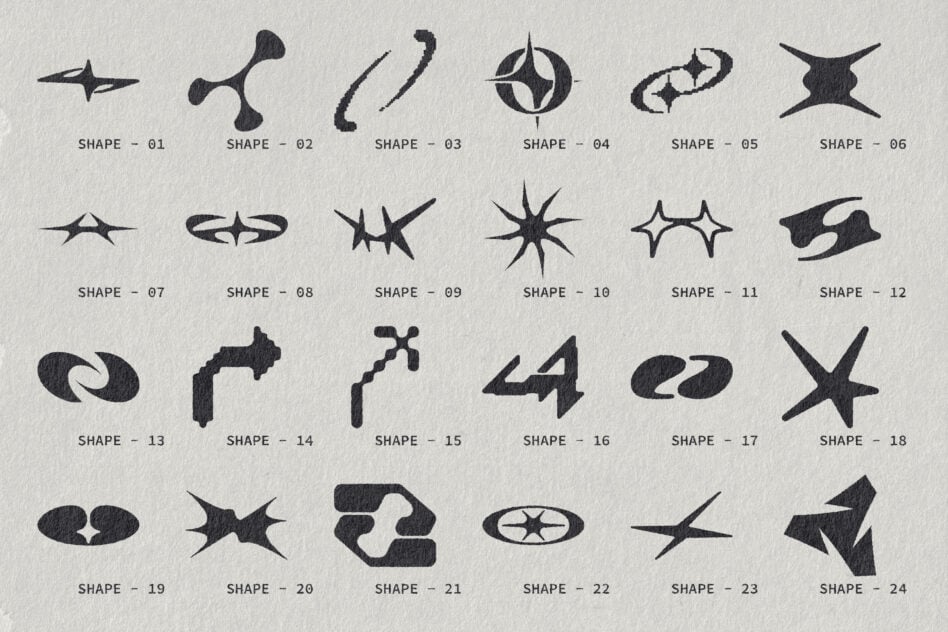 Collection of 24 unique abstract shapes set on textured paper perfect for graphics and templates. Ideal for designers seeking creative design elements.