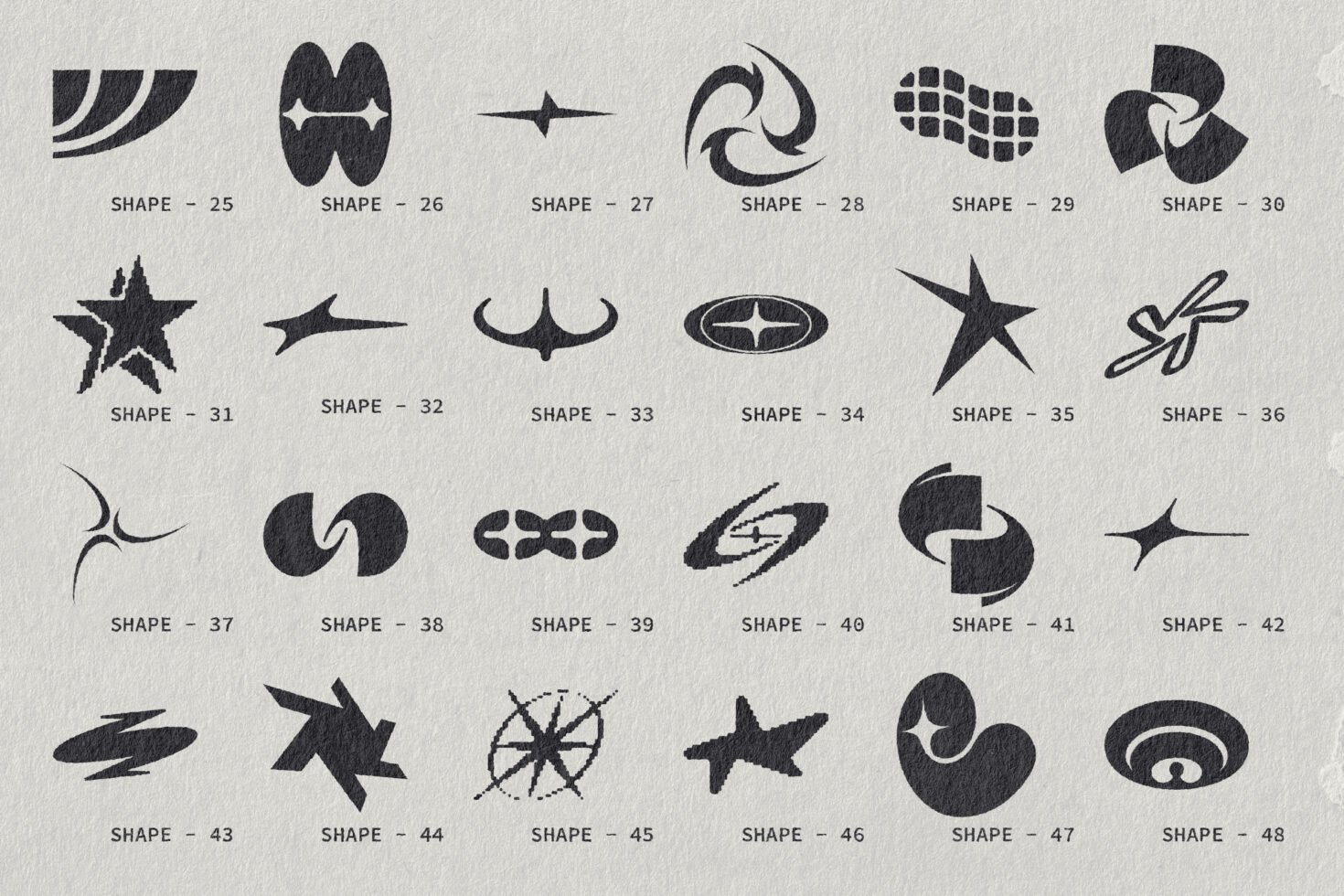 Abstract geometric shapes set on textured background featuring various dynamic forms. Ideal for graphic designers seeking unique elements for templates.