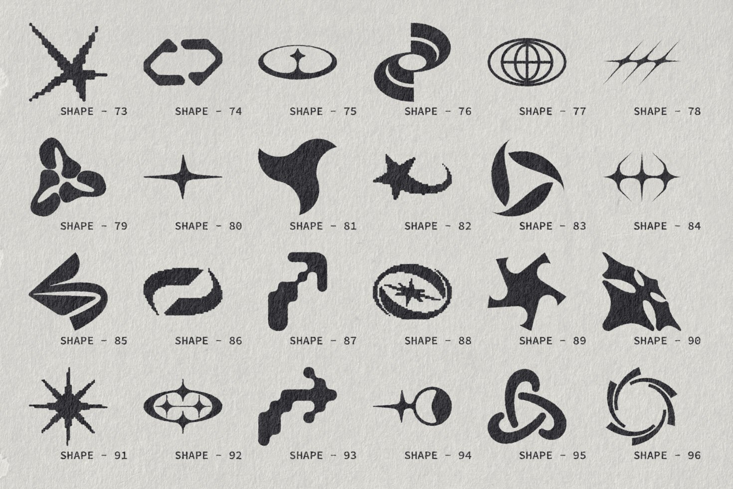 Set of abstract geometric shapes featuring designs like stars circles and swirls. Ideal for graphic design templates and logo creation.