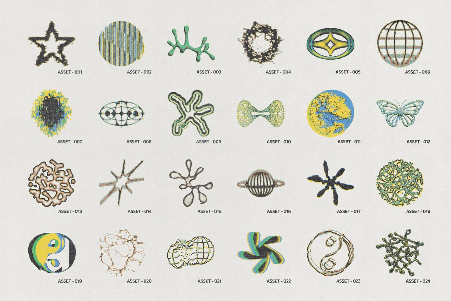 Collection of 24 unique abstract graphic elements on a white background. Ideal for digital designs, templates, and mockups. Versatile design assets.