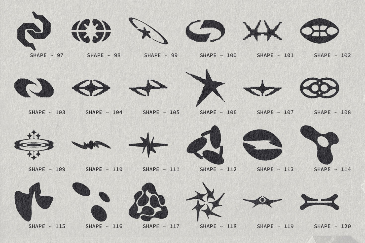 Collection of abstract geometric shapes set on textured paper. Ideal for graphic design assets, vector illustrations, and design templates.
