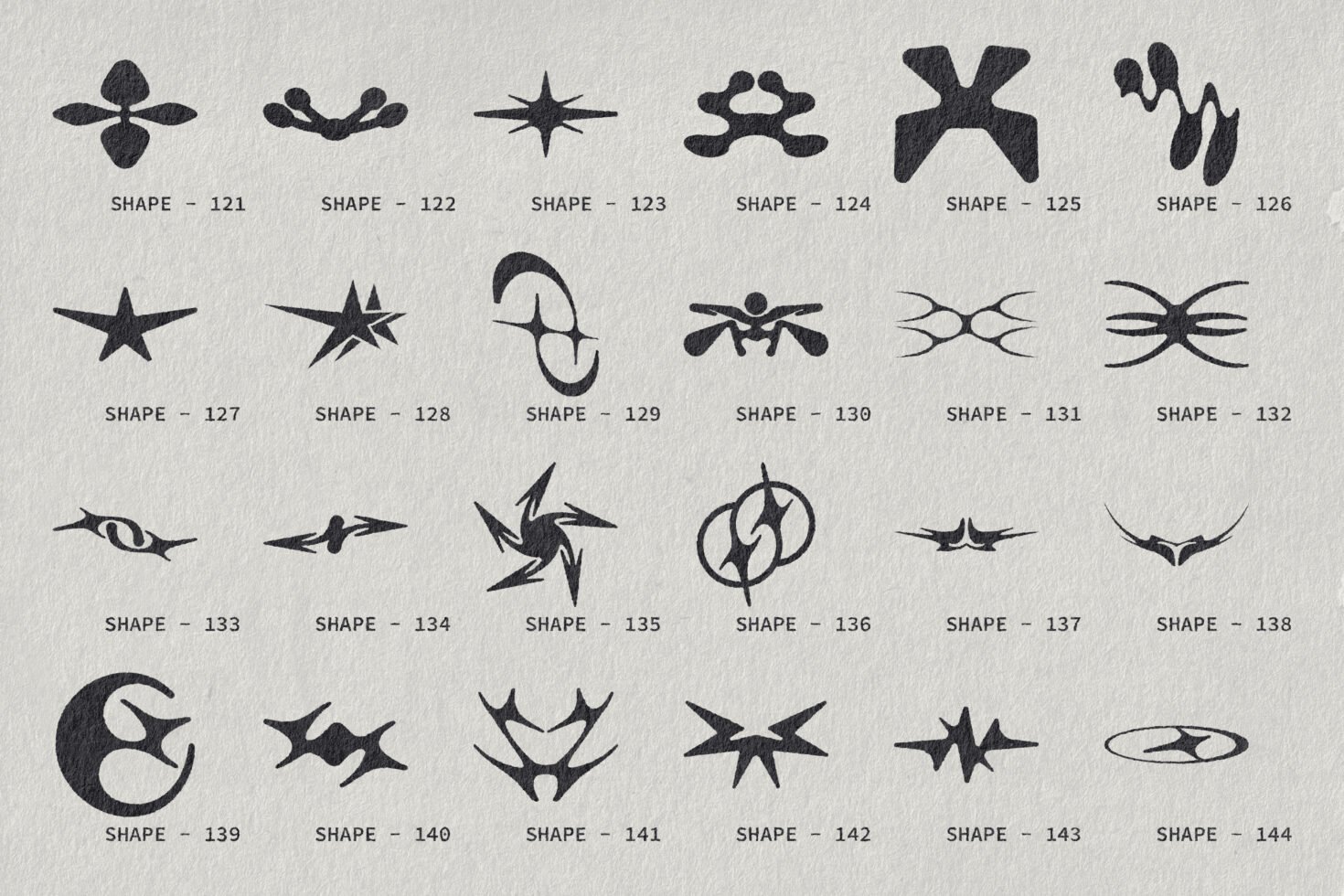 Collection of black abstract shapes numbered 121 to 144 on textured background. Ideal for graphic design, templates, logos, branding, modern art.