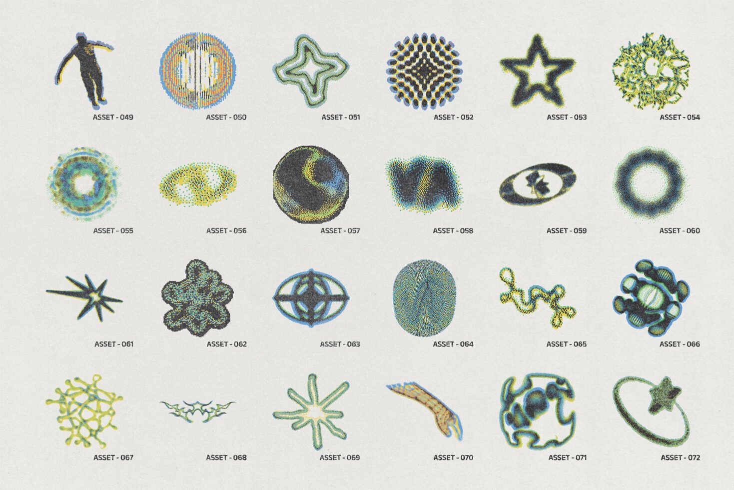 A collection of abstract graphic shapes and figures for designers, featuring unique textures and designs. Ideal for creative graphic templates and mockups.
