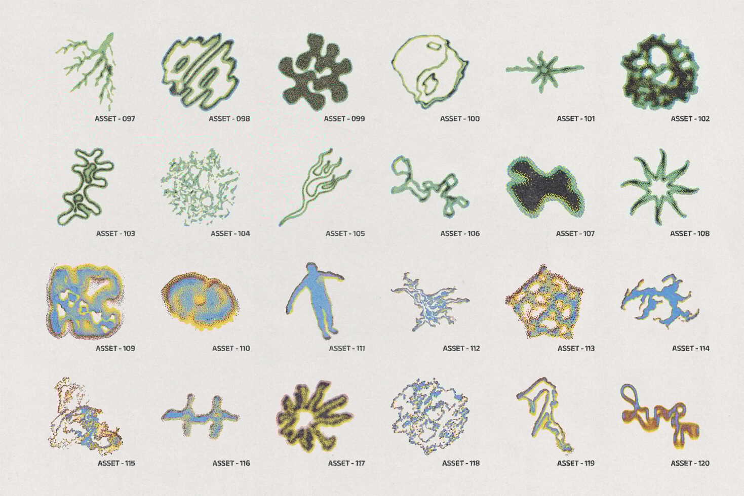 Collection of abstract graphic elements on white background labeled asset 097 to 120 for digital design projects templates and graphics resources.