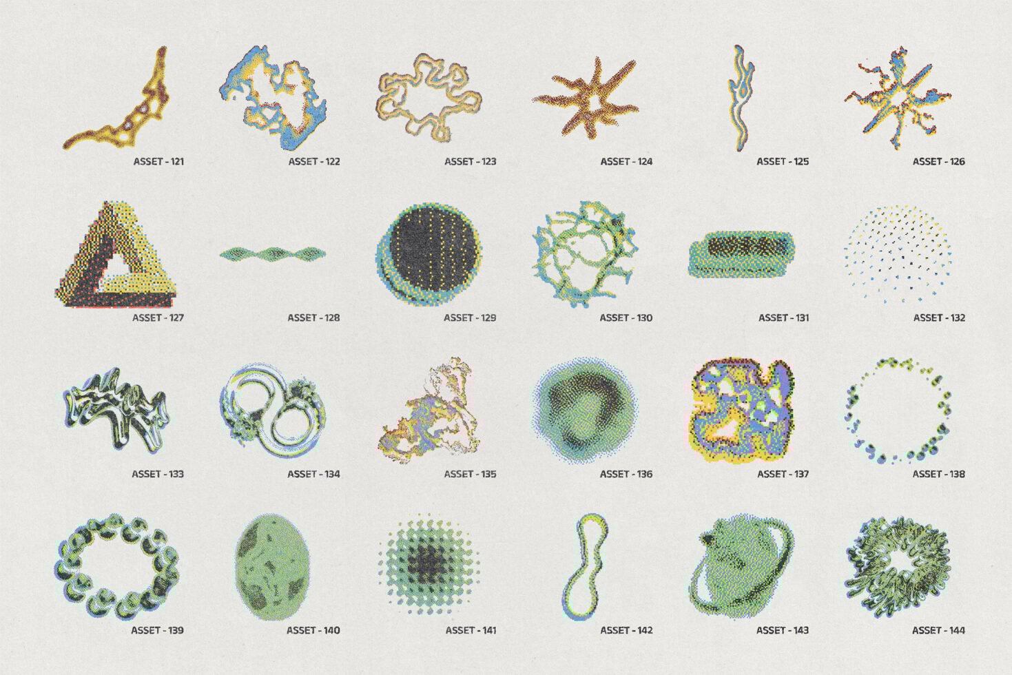 Collection of abstract graphic assets with various textures and shapes for creative design projects. Ideal for templates and digital artwork mockups.