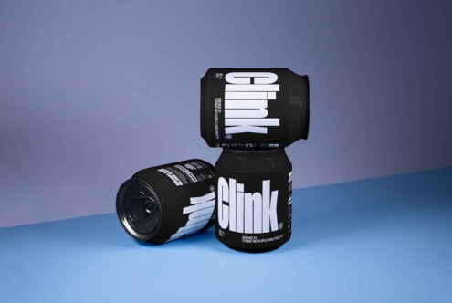 Black soda can mockup on a blue background for graphic designers. Customizable template for branding visual identity and product presentation.