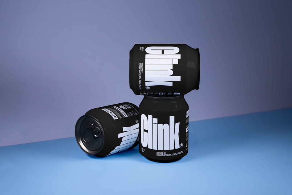 Black soda can mockup on a blue background for graphic designers. Customizable template for branding visual identity and product presentation.