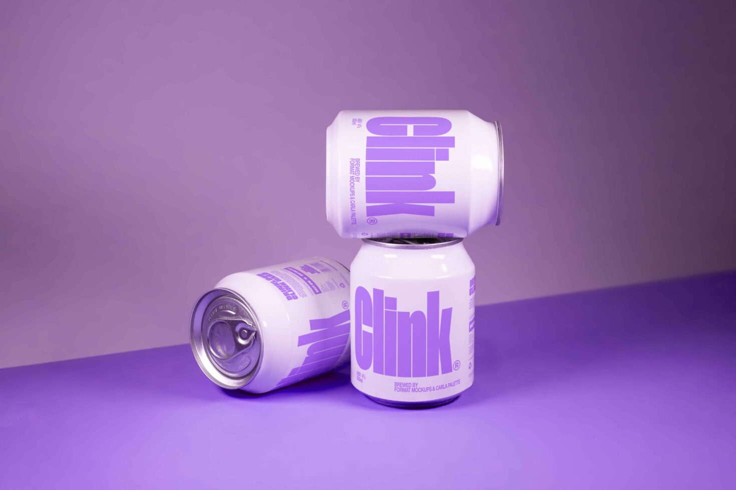 Three soda cans with bold purple text stacked creatively on a purple gradient background. Ideal for product mockups. Vibrant and modern design photography.