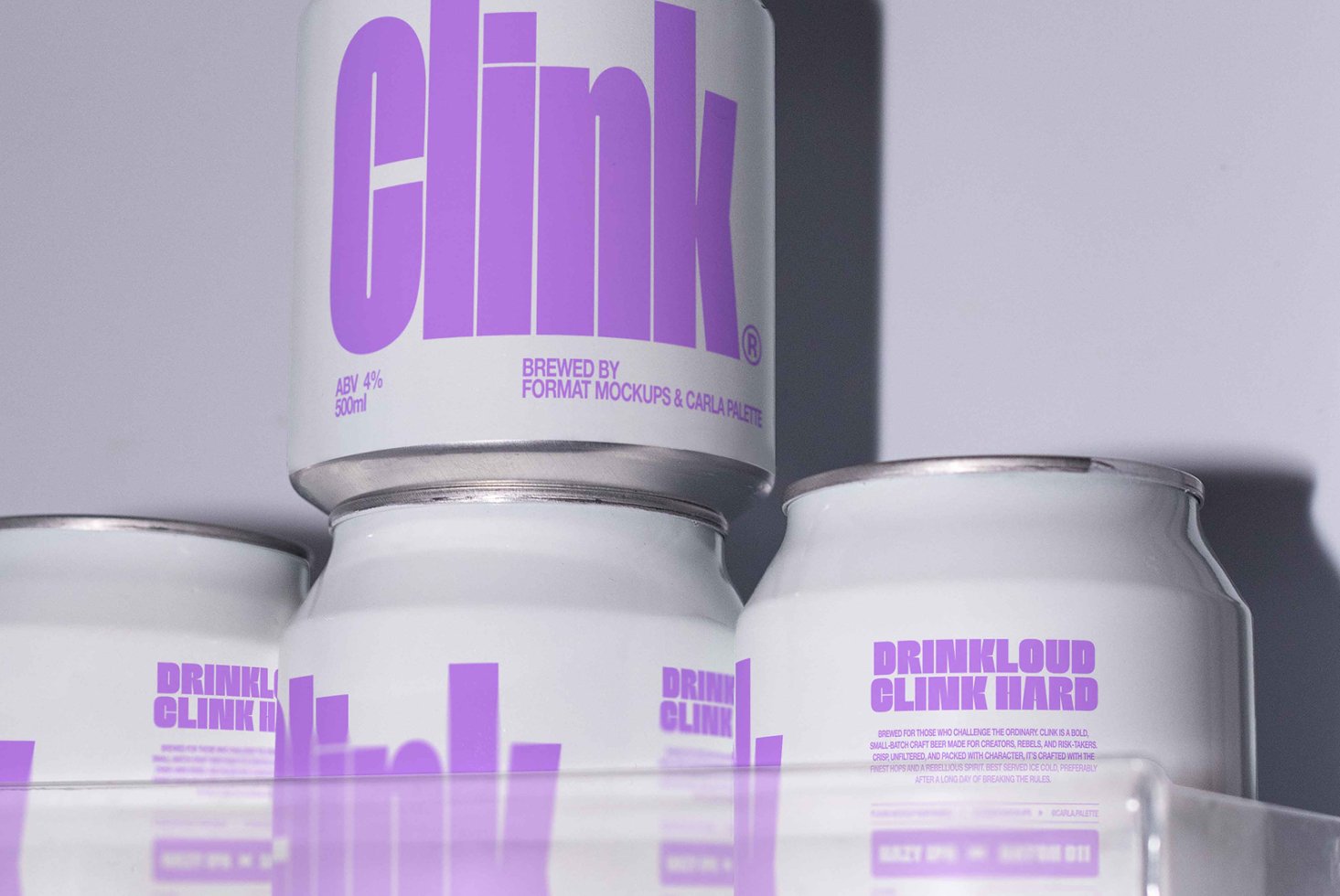 Cans with bold purple typography stacked in a minimalist mockup design. Perfect for beverage branding presentations. Mockup, packaging, design asset.