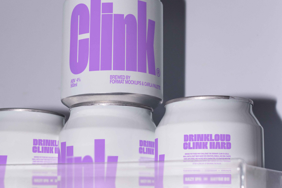 Stacked beer cans with vibrant purple Clink branding, reflective product shot