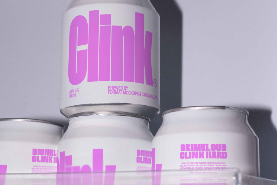 Stacked beer cans with vibrant purple Clink branding, reflective product shot
