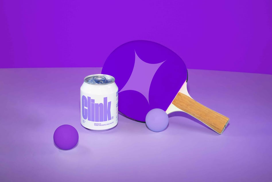 Purple-themed mockup featuring a table tennis racket, two balls, and a can labeled Clink against a vivid purple background. Ideal for graphic design.
