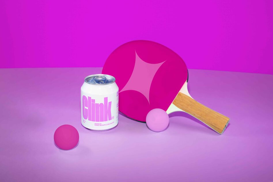 Vibrant mockup featuring a ping pong paddle and ball with a drink can on a pink backdrop. Ideal for designers needing sports-themed graphics.