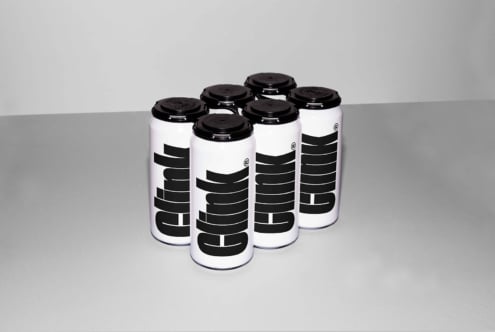 Six minimalist white beverage cans with bold black typography design on a gray background perfect for branding mockups and packaging design templates.