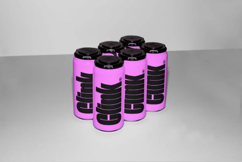 Set of six pink beverage cans with black logo text on a plain background product mockup design packaging template for designers sustainable branding