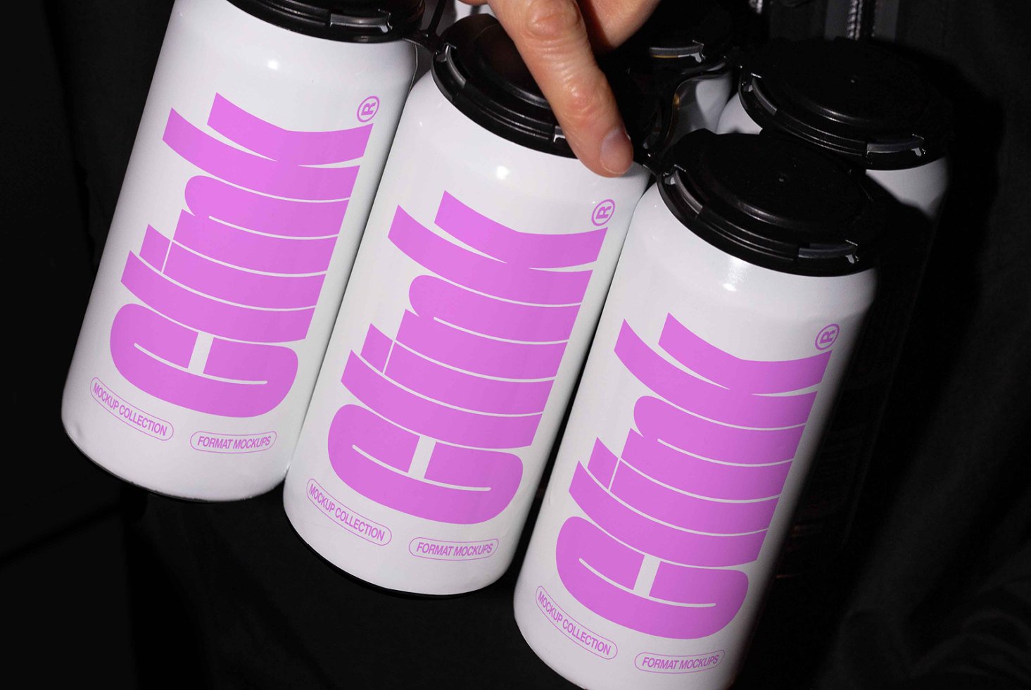 Six-pack of white cans with pink text clink design. Perfect for branding display and product mockup. Ideal digital asset for designers.