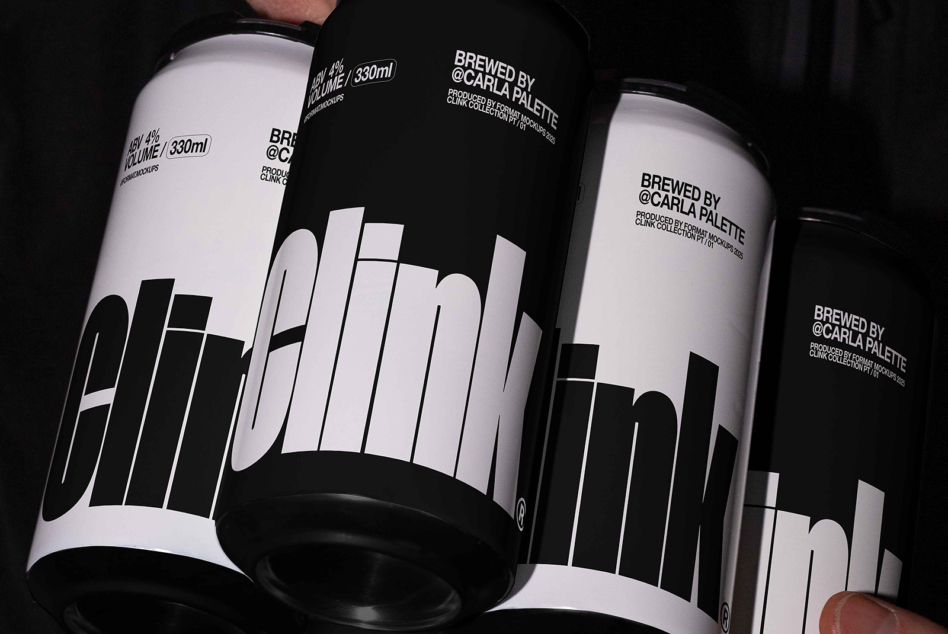 Three beer cans with bold geometric branding, mixed black white colorways held in hand