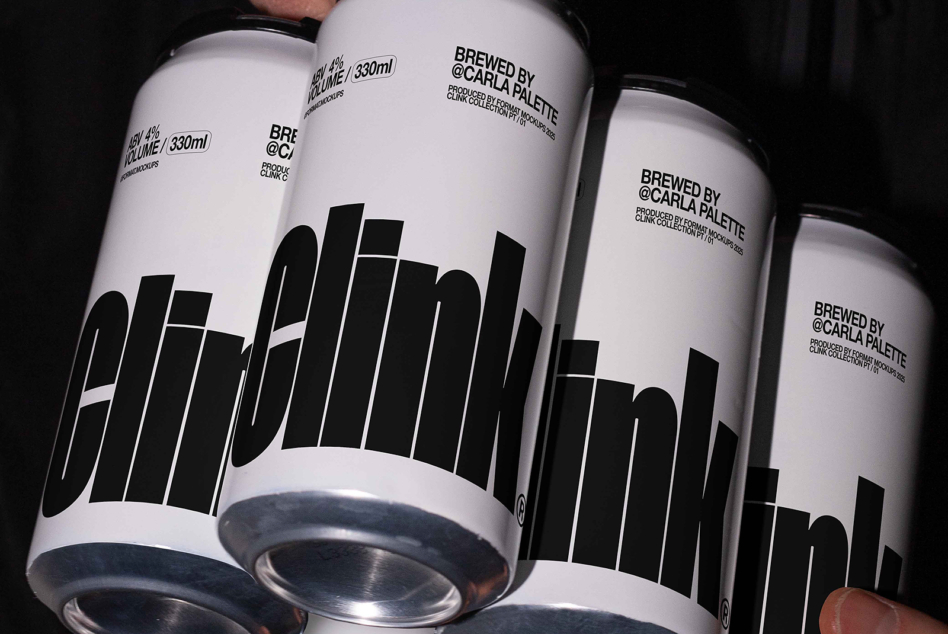 Hands holding four white cans with black geometric logo design close up