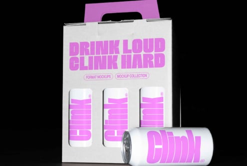 Mockup of a cardboard beverage carrier with design featuring bold purple text Drink Loud Clink Hard and cans labeled Clink ideal for branding projects.