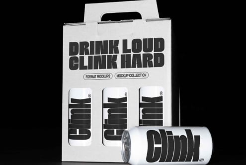 Mockup of drink can packaging featuring bold typography design Clink Hard. Ideal for designers seeking realistic beverage branding mockups and templates.