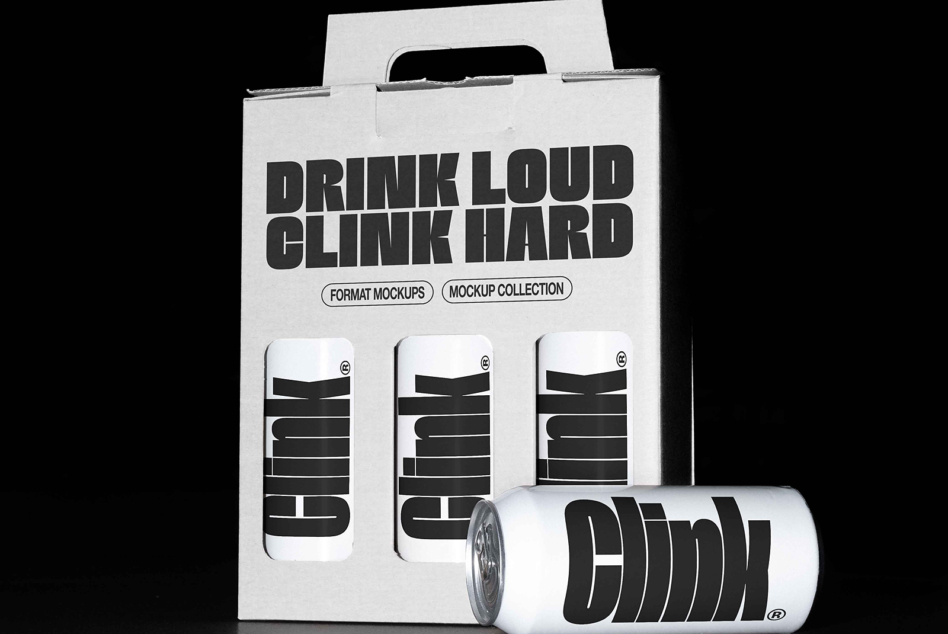 White box mockup displaying three cans with black clink hard branding plus loose can