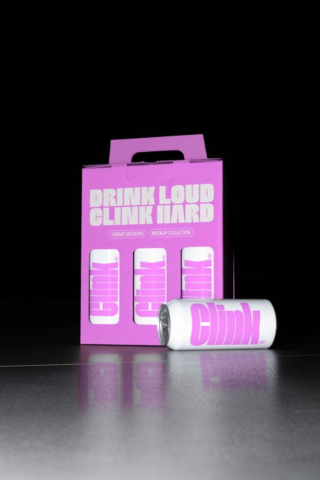 Pink beverage can mockup with bold typography packaging. Ideal for designers seeking vibrant graphic templates for promotional branding designs.