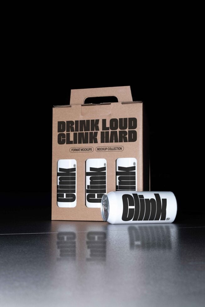 Mockup of a cardboard beer pack with bold typography and a can featuring Clink logo perfect for designers. Ideal for showcasing branding projects.