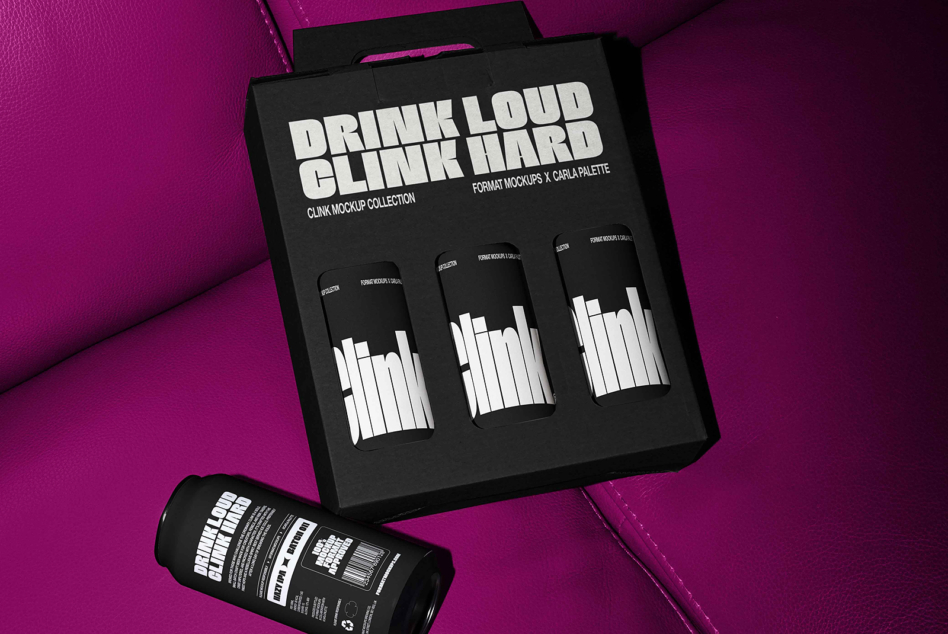 Black box packaging with three cans on magenta leather background, luxury product display