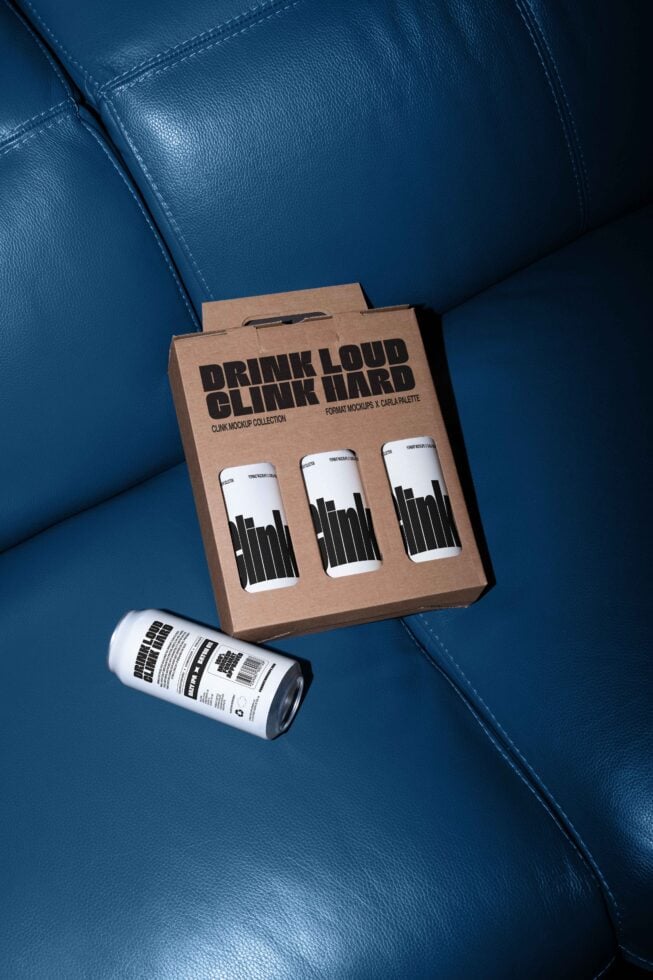 Brown beer can mockup packaging on blue leather sofa. Drink loud clink hard text. Perfect for advertising design, product presentation, graphic resources.