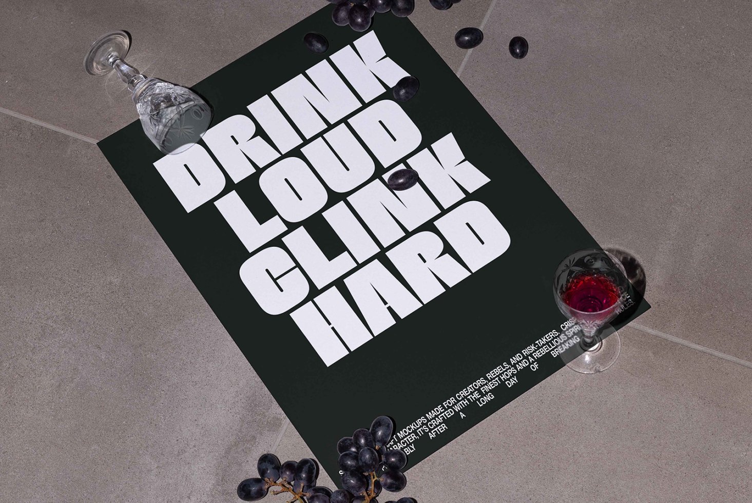 Typography poster design featuring bold white lettering on a dark background with scattered grapes and wine glasses. Perfect for templates and mockups.