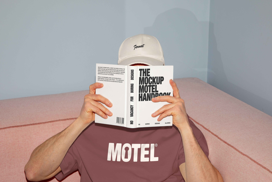 Person in cream cap holding white Mockup Motel Handbook with mauve MOTEL shirt
