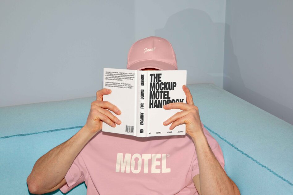Person in pink cap holding white Mockup Motel Handbook with MOTEL tee