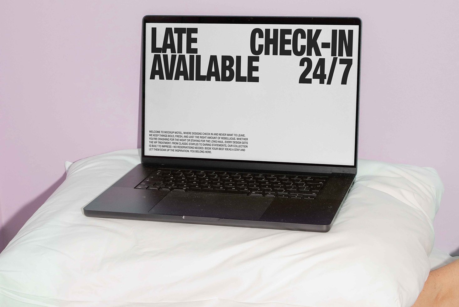 Laptop mockup on a pillow with bold text Late Check-In Available 24/7 Designer template for creative projects minimalist design keyword graphics.