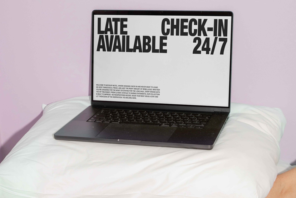 Laptop on pillows with late available check-in 24/7 motel mockup on pink background