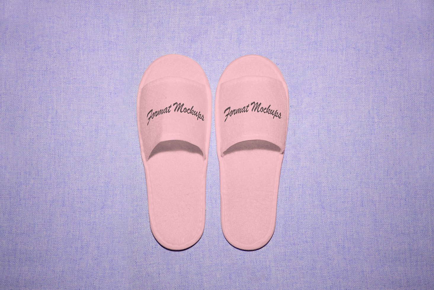 Pink sandal mockup with text Format Mockups on a purple textured background. Ideal for designers seeking footwear graphics mockups for branding projects.
