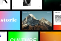 Stacked website mockups showing gradient typography, mountain landscape, portfolio layouts