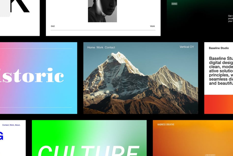 Stacked website mockups showing gradient typography, mountain landscape, portfolio layouts