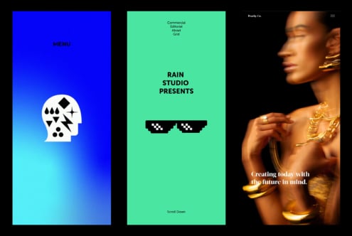 Three minimalist graphic design templates featuring abstract elements on colored backgrounds ideal for designers seeking unique mockup assets.