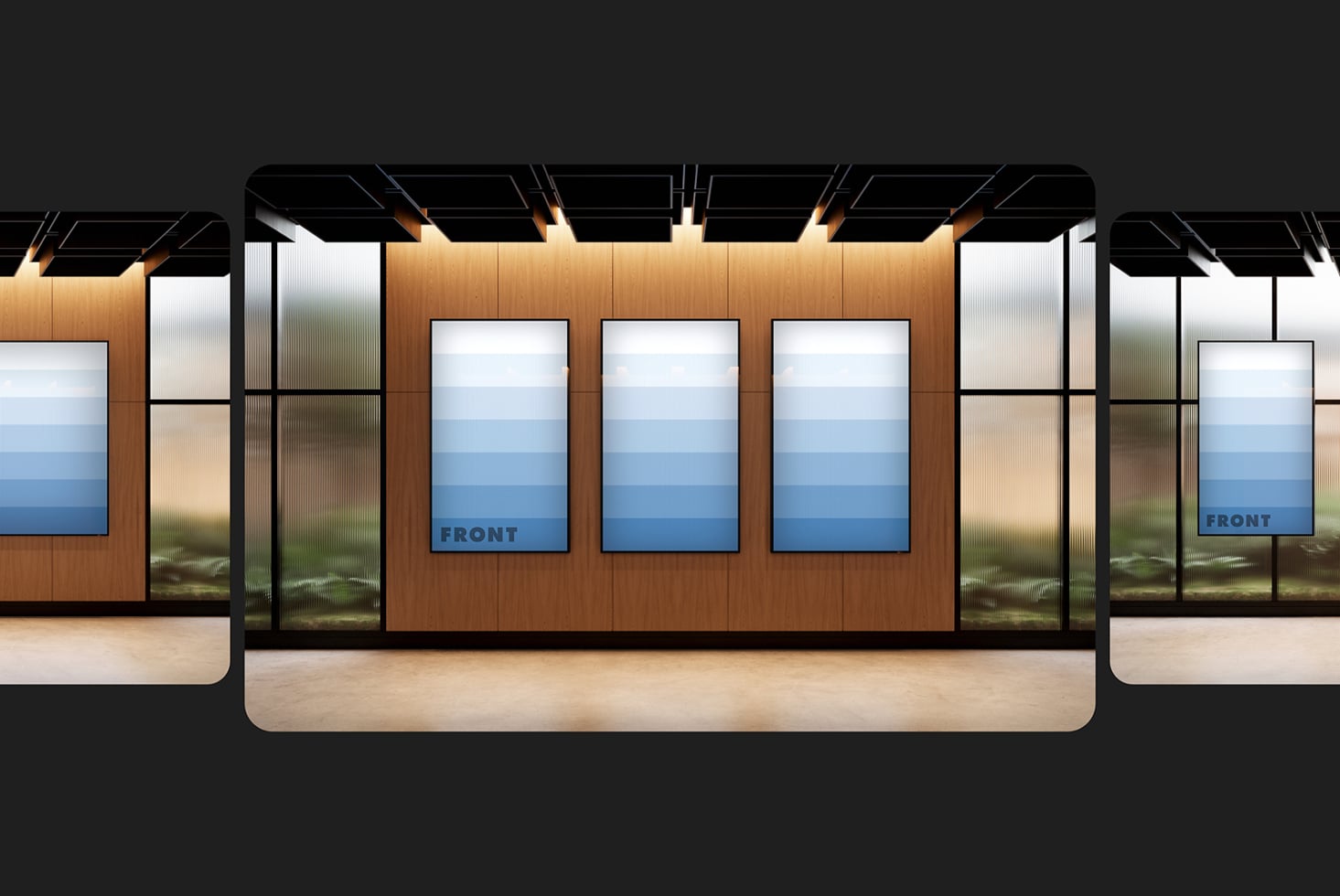 Shop window display with three blue gradient posters on wood storefront mockup