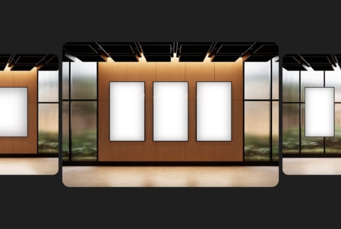 Blank poster mockup on a wooden and glass wall. Minimalist interior with three frames for art or branding presentations. Ideal for designers.