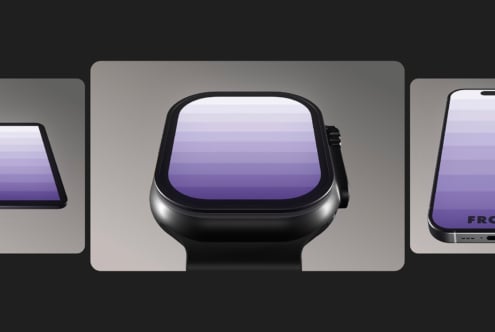 Smartwatch mockup design with sleek black frame and purple gradient screen ideal for digital assets marketplace. High quality tech template for designers.